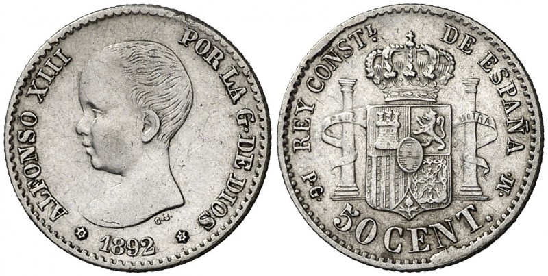 1892/82*82. Alfonso XIII. PGM. 50 céntimos. (Cal. 57). 2,51 g. Escasa. MBC+.