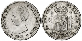 1892/82*82. Alfonso XIII. PGM. 50 céntimos. (Cal. 57). 2,51 g. Escasa. MBC+.