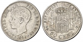1896*96. Alfonso XIII. PGV. 50 céntimos. (Cal. 59). 2,50 g. Escasa. MBC.