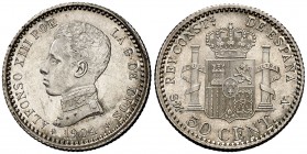 1904*04. Alfonso XIII. SMV. 50 céntimos. (Cal. 61). 2,52 g. Bella. Brillo original. S/C.