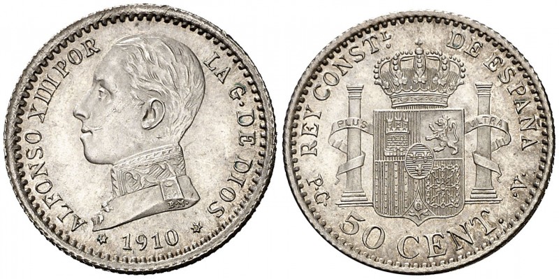 1910*10. Alfonso XIII. PCV. 50 céntimos. (Cal. 63). 2,49 g. Bella. Brillo origin...