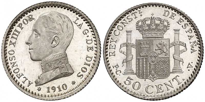 1910*10. Alfonso XIII. PCV. 50 céntimos. (Cal. 63). 2,50 g. Bellísima. Brillo or...