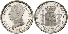 1910*10. Alfonso XIII. PCV. 50 céntimos. (Cal. 63). 2,50 g. Bellísima. Brillo original. S/C.