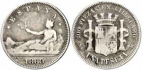 1869*----. Gobierno Provisional. SNM. 1 peseta. (Cal. 15). 4,74 g. ESPAÑA. Rara. BC/BC-.