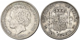 1894*1894. Alfonso XIII. PGV. 1 peseta. (Cal. 40). 4,93 g. Tipo "bucles". Escasa. MBC-.