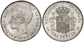 1896*1896. Alfonso XIII. 1 peseta. (Cal. 41). 4,94 g. Mínimas rayitas. Bella. Brillo original. EBC/EBC+.