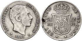 1882. Alfonso XII. Manila. 20 centavos. (Cal. 89). 5,06 g. Golpecito. BC+/MBC-.