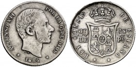 1884. Alfonso XII. Manila. 20 centavos. (Cal. 91). 5,10 g. Golpecito. Escasa. MBC.
