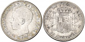 1895. Alfonso XIII. Puerto Rico. PGV. 20 centavos. (Cal. 84). 5 g. Escasa. MBC-.