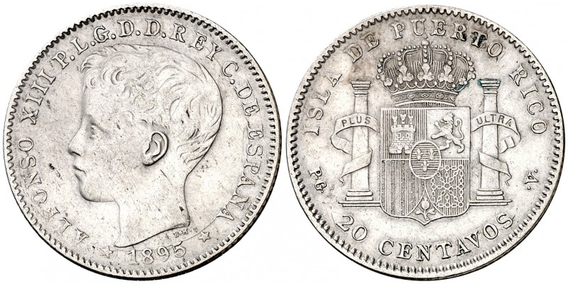 1895. Alfonso XIII. Puerto Rico. PGV. 20 centavos. (Cal. 84). 4,94 g. Leves impu...