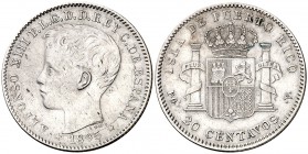 1895. Alfonso XIII. Puerto Rico. PGV. 20 centavos. (Cal. 84). 4,94 g. Leves impurezas. Escasa. MBC+.