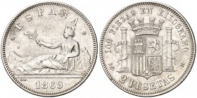 1869*1869. Gobierno Provisional. SNM. 2 pesetas. (Cal. 5). 10 g. Rayitas. MBC.