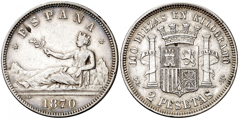 1870*1875. Gobierno Provisional. DEM. 2 pesetas. (Cal. 12). 9,94 g. Pequeña inci...
