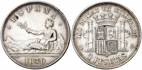 1870*1875. Gobierno Provisional. DEM. 2 pesetas. (Cal. 12). 9,94 g. Pequeña incisión en anverso. MBC.