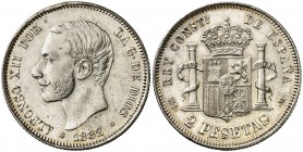 1882/1*1882. Alfonso XII. MSM. 2 pesetas. (Cal. 50). 10 g. Leves marquitas. Atractiva. Rara así. EBC-.