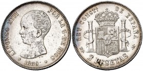 1889*1889. Alfonso XIII. MPM. 2 pesetas. (Cal. 29). 10 g. Impurezas. Buen ejemplar. (MBC+).
