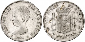 1892*1892. Alfonso XIII. PGM. 2 pesetas. (Cal. 32). 9,98 g. MBC/MBC-.