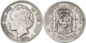 1894*----. Alfonso XIII. PGV. 2 pesetas. (Cal. 33). 9,80 g. Escasa. BC+/MBC-.