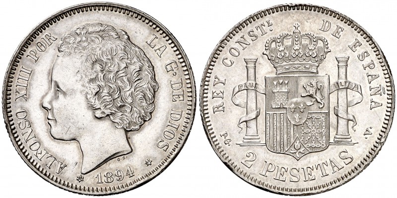 1894*1894. Alfonso XIII. PGV. 2 pesetas. (Cal. 33). 10 g. Limpiada. Golpecitos. ...