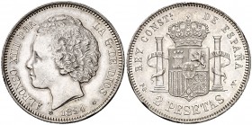 1894*1894. Alfonso XIII. PGV. 2 pesetas. (Cal. 33). 10 g. Limpiada. Golpecitos. (EBC).