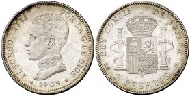 1905*1905. Alfonso XIII. SMV. 2 pesetas. (Cal. 34). 10,06 g. Bella. Brillo original. EBC+.