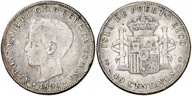 1896. Alfonso XIII. Puerto Rico. PGV. 40 centavos. (Cal. 83). 9,90 g. Rara. BC+.