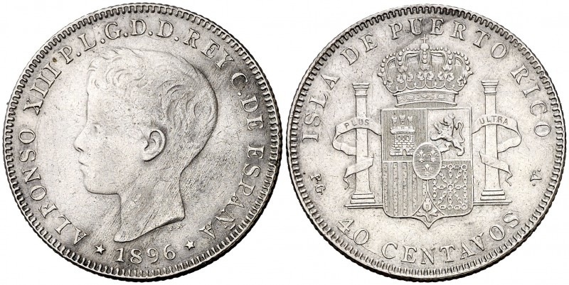 1896. Alfonso XIII. Puerto Rico. PGV. 40 centavos. (Cal. 83). 9,99 g. Rayitas. E...