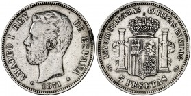 1871*1873. Amadeo I. DEM. 5 pesetas. (Cal. 9). 24,92 g. Fuerte golpe en canto. Rara. (MBC-).