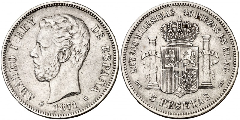 1871*1873. Amadeo I. DEM. 5 pesetas. (Cal. 9). 24,72 g. Rara. MBC-.