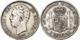1871*1873. Amadeo I. DEM. 5 pesetas. (Cal. 9). 24,83 g. Rara. MBC.