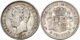 1871*1818. Amadeo I. DEM. 5 pesetas. (Cal. 11). 24,69 g. Escasa. MBC.