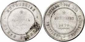 1873. Revolución Cantonal. Cartagena. 5 pesetas. (Cal. 5 var). 27,77 g. Reverso coincidente. 100 perlas en gráfila del anverso y 85 en la del reverso....
