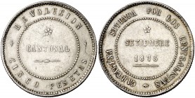 1873. Revolución Cantonal. Cartagena. 5 pesetas. (Cal. 5a). 28,54 g. Anverso coincidente. 80 perlas en la gráfila del anverso y 85 en la del reverso. ...