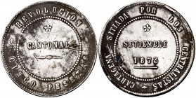 1873. Revolución Cantonal. Cartagena. 5 pesetas. (Cal. 5b). 26,18 g. Reverso no coincidente. 86 perlas en gráfila del anverso y 90 en la del reverso. ...