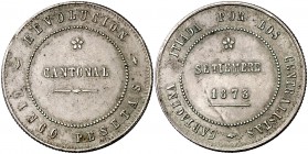 1873. Revolución Cantonal. Cartagena. 5 pesetas. (Cal. 6). 28,87 g. No coincidente. 100 perlas en la gráfila del anverso y 95 en la del reverso. Golpe...