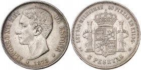 1875*1875. Alfonso XII. DEM. 5 pesetas. (Cal. 25a). 24,91 g. Golpecitos. MBC/MBC-.