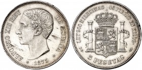 1875*1875. Alfonso XII. DEM. 5 pesetas. (Cal. 25a). 25 g. Golpecitos en canto. Limpiada. (EBC).