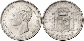 1877*1877. Alfonso XII. DEM. 5 pesetas. (Cal. 28). 24,87 g. Golpecitos. MBC+.