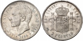1884*1884. Alfonso XII. MSM. 5 pesetas. (Cal. 39). 24,85 g. Golpecitos. EBC-.