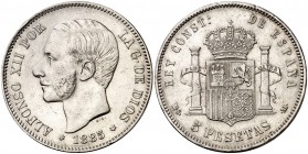 1885*1886. Alfonso XII. MSM. 5 pesetas. (Cal. 41). 24,82 g. Golpecitos. MBC-.