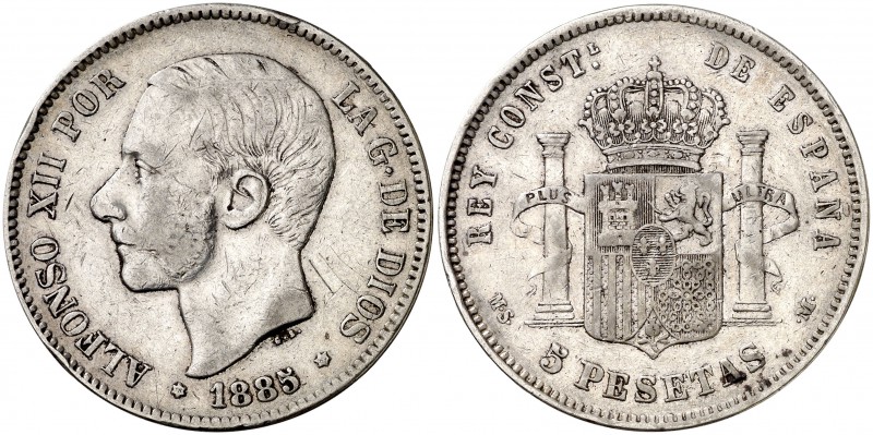 1885*188-. Alfonso XII. MSM. 5 pesetas. (Cal. tipo 7). 24,70 g. Golpecitos. Esca...