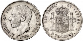 1885*188-. Alfonso XII. MSM. 5 pesetas. (Cal. tipo 7). 24,70 g. Golpecitos. Escasa. BC+.