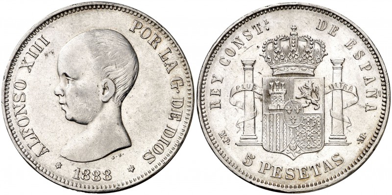 1888*1888. Alfonso XIII. MPM. 5 pesetas. (Cal. 13). 24,85 g. Golpecitos. MBC/MBC...