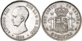 1888*1888. Alfonso XIII. MPM. 5 pesetas. (Cal. 13). 24,99 g. Limpiada. (MBC+).