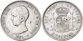 1891*--91. Alfonso XIII. PGM. 5 pesetas. (Cal. 17). 24,86 g. Golpecito. BC+.