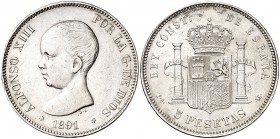 1891*1891. Alfonso XIII. PGM. 5 pesetas. (Cal. 17). 24,91 g. Golpecitos. MBC-.
