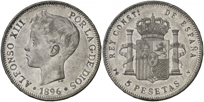 1896*1896. Alfonso XIII. PGV. 5 pesetas. (Cal. 25). 24,96 g. Leves rayitas. Part...