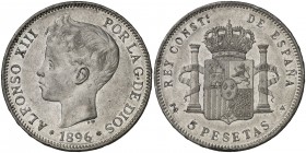 1896*1896. Alfonso XIII. PGV. 5 pesetas. (Cal. 25). 24,96 g. Leves rayitas. Parte de brillo original. Ex Áureo 31/01/2013, nº 3493. MBC+.