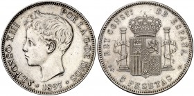 1897*1897. Alfonso XIII. SGV. 5 pesetas. (Cal. 26). 25,11 g. Limpiada. (MBC/MBC+).