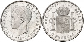 1897*1897. Alfonso XIII. SGV. 5 pesetas. (Cal. 26). 24,87 g. Leves golpecitos. EBC.